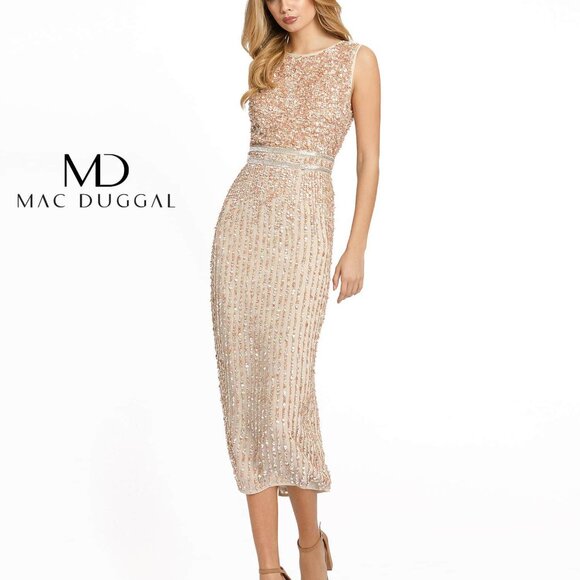 NWT MAC DUGGAL 10509 Nude Sequin Midi High Neck Beaded Dress‎ size 2 - Picture 1 of 10